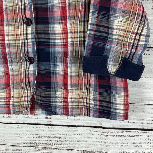 Womens Ms Lee Red Navy Plaid Button Up Lightweight Jacket 3/4 Sleeve Cotton PL - Picture 4 of 7